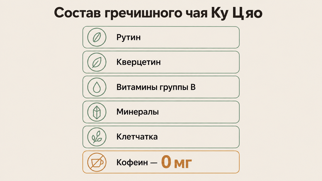 Карточка состава гречишного чая Ку Цяо с перечнем ключевых компонентов и пометкой 0 мг кофеина
