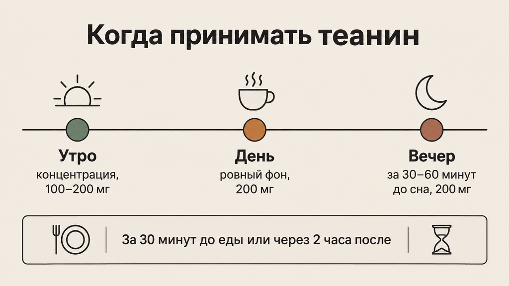 Схема приёма теанина в течение дня с указанием времени приёма и интервала до или после еды