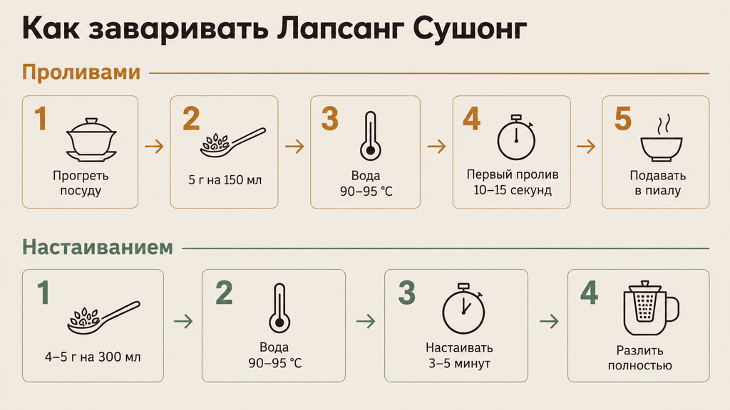 Инфографика двух способов заваривания чая Лапсанг Сушонг: проливами в гайвани для раскрытия вкуса и настаиванием в кружке для простоты с параметрами дозы, температуры и времени