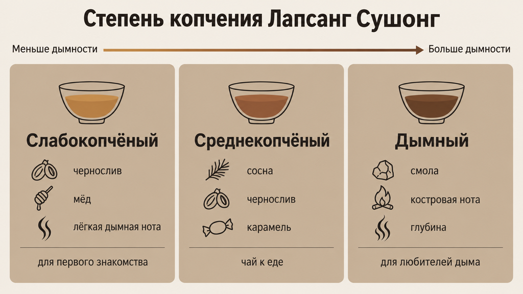 Шкала степени копчения чая Лапсанг Сушонг: три уровня — слабокопчёный, средний и дымный с маркерами вкуса и рекомендациями для выбора