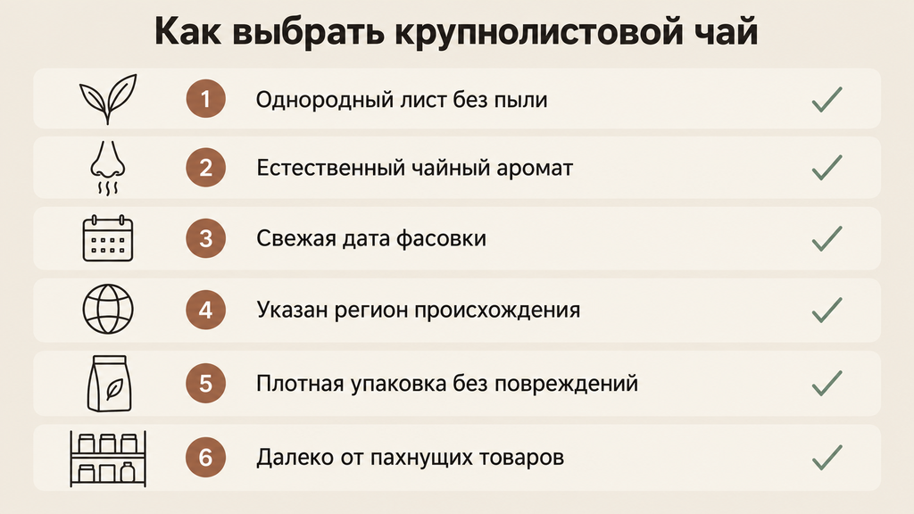 Чек-лист выбора крупнолистового чая в магазине с шестью пунктами проверки качества