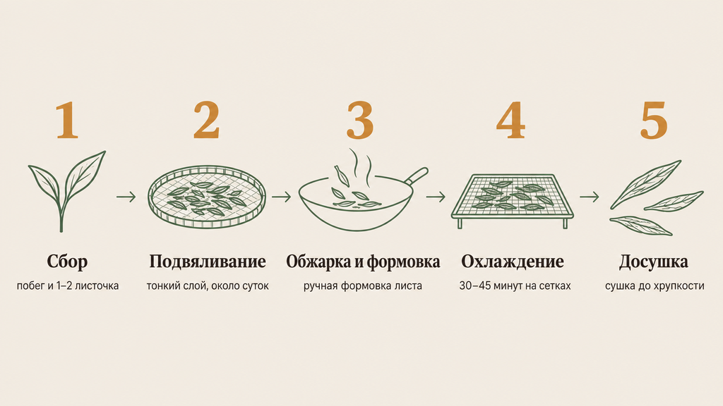 Процесс производства чая Лунцзин: пять этапов ручной работы на горизонтальной ленте от сбора до досушки
