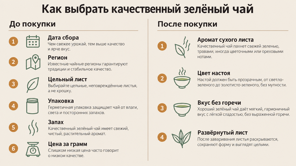 Чек-лист выбора качественного листового зелёного чая с десятью пунктами до и после покупки