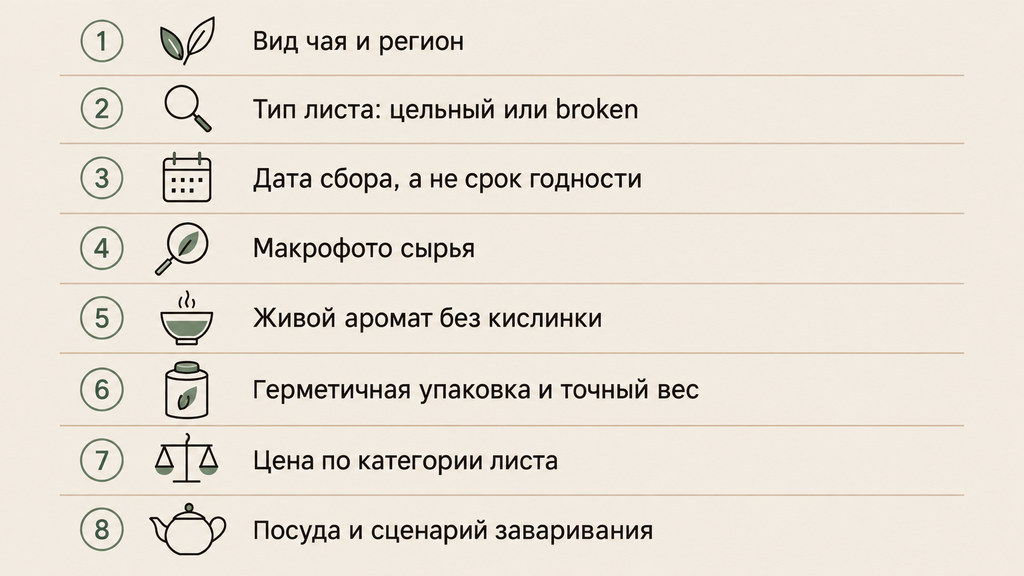 Чек-лист выбора рассыпного чая с 8 контрольными точками и пиктограммами для магазина