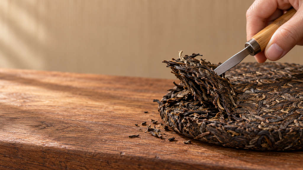 Чайный нож чадао отделяет пласт прессованного чая вдоль слоёв, сохраняя целостность листа на изломе.