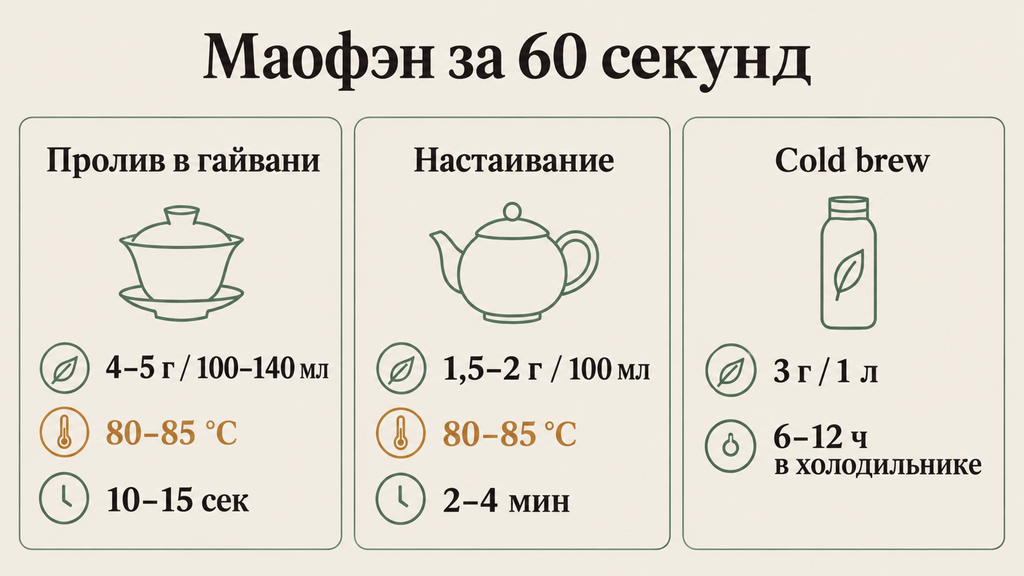 Три способа заваривания чая Маофен шпаргалка с параметрами температуры времени и дозировки для гайвани настаивания и холодного заваривания