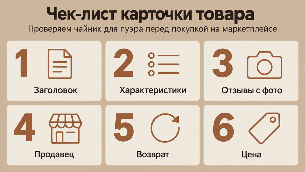 Чек-лист из шести пунктов проверки карточки товара на маркетплейсе перед покупкой чайника для пуэра