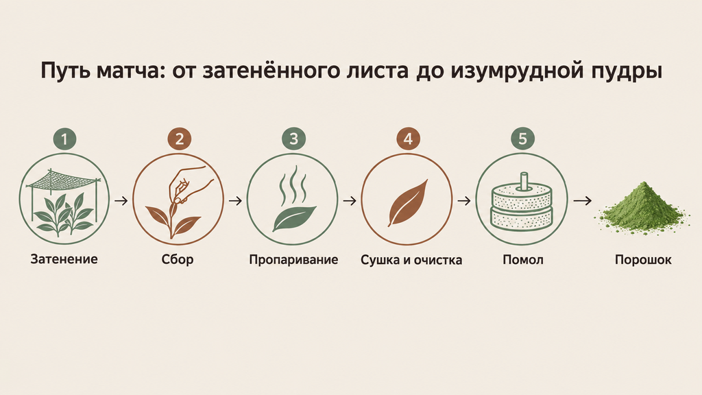 Инфогралика технологического процесса производства матча с пятью этапами от затенения до готового порошка