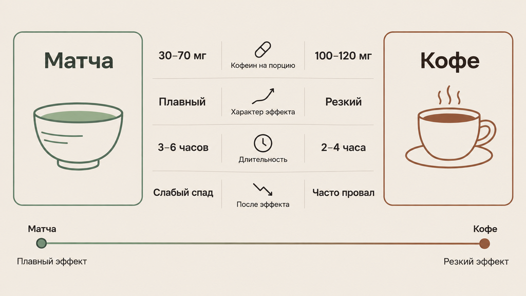 Инфографика: сравнение эффекта матча и кофе — содержание кофеина, длительность действия и тип бодрости