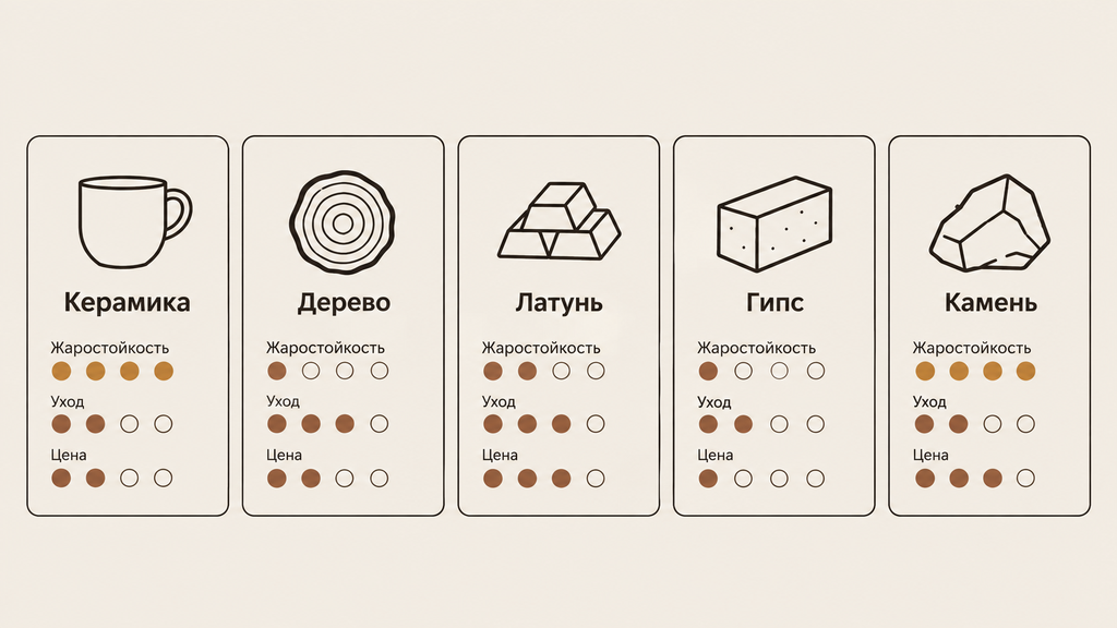Сравнение материалов подставок: керамика, дерево, латунь, гипс, камень в виде карточек с маркерами жаростойкости, ухода и цены.