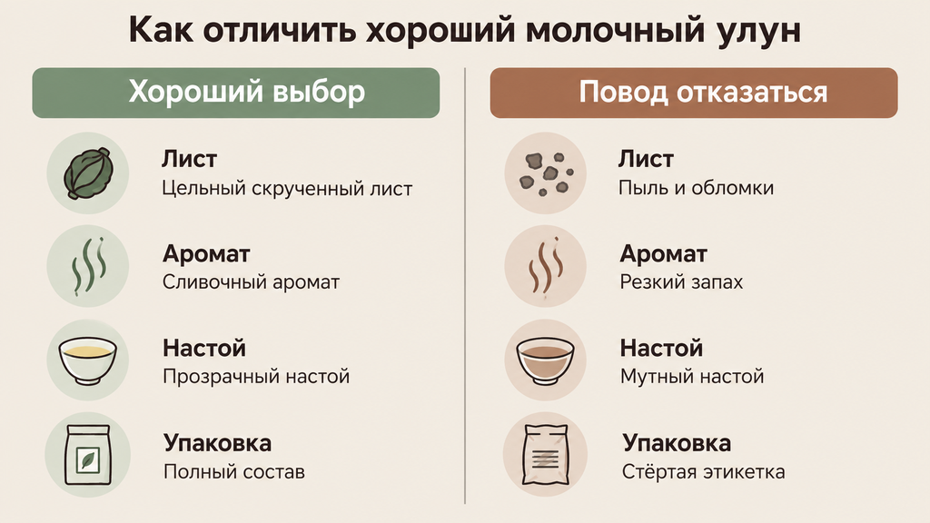 Сравнение качественного и некачественного молочного улуна по состоянию листа, аромату, цвету настоя и упаковке. Наглядный чек-лист для самостоятельной проверки при покупке.