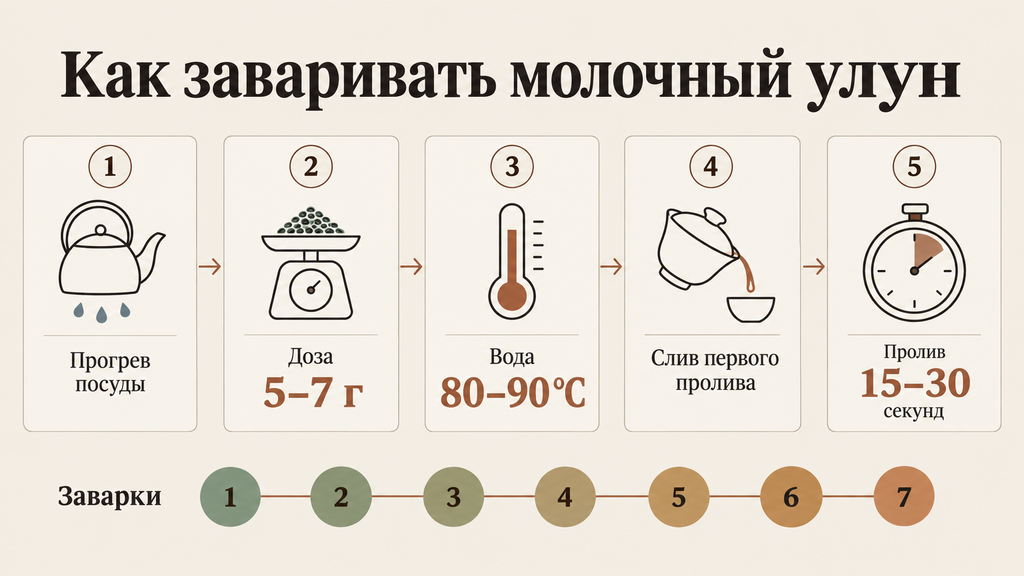 Схема заваривания молочного улуна: пошаговая инструкция с указанием температуры, времени, дозировки и шкалой многократных проливов