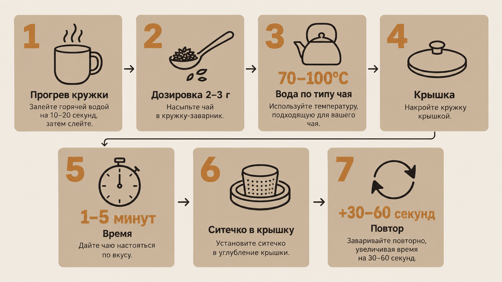 Пошаговая инструкция по завариванию чая в кружке-заварнике: семь пронумерованных шагов от прогрева посуды до извлечения ситечка с указанием температуры, времени и дозировки.