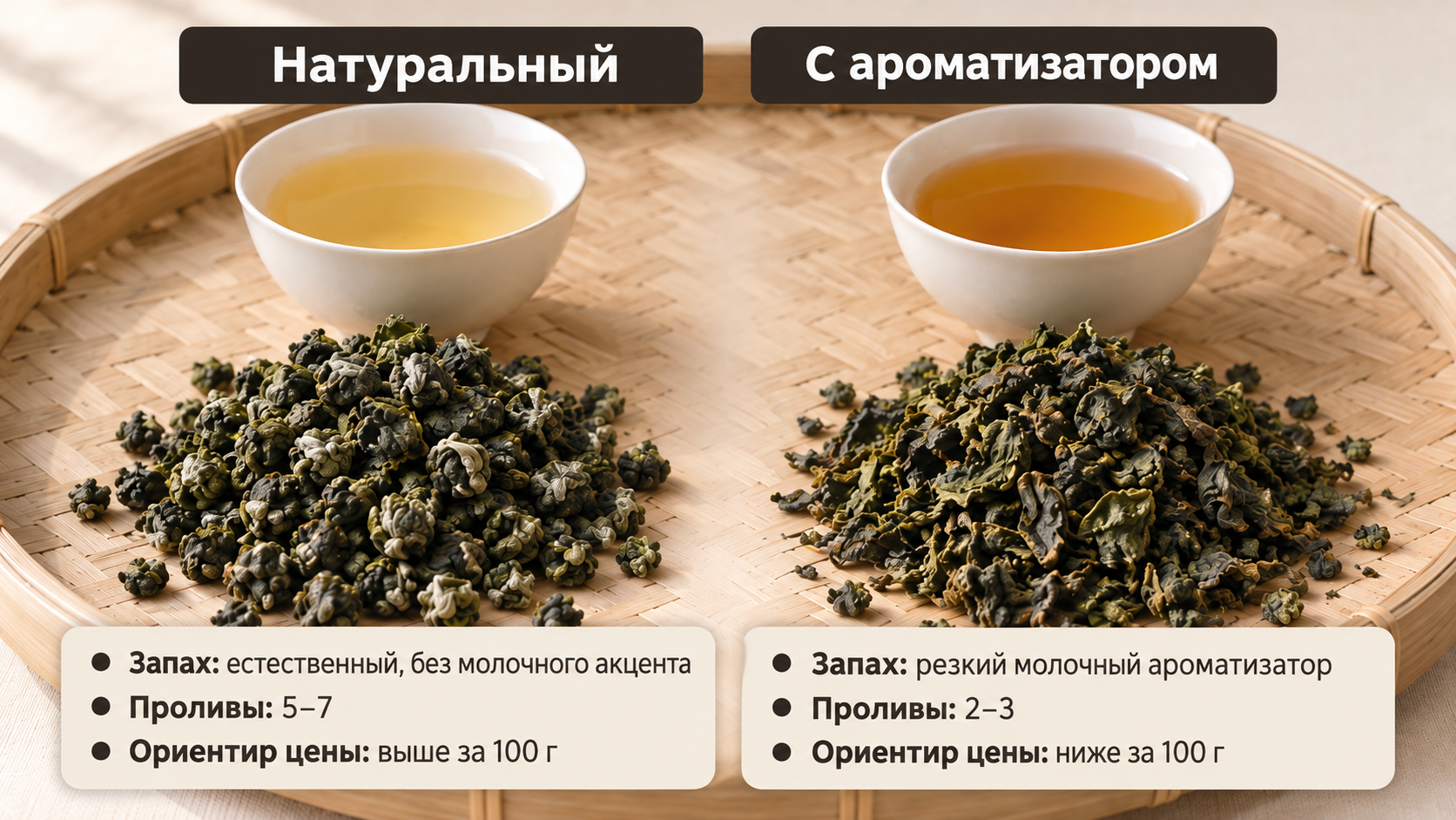 Сравнение натурального и ароматизированного молочного улуна: сухой лист, настой и поведение при заваривании в двух колонках с текстовыми метками