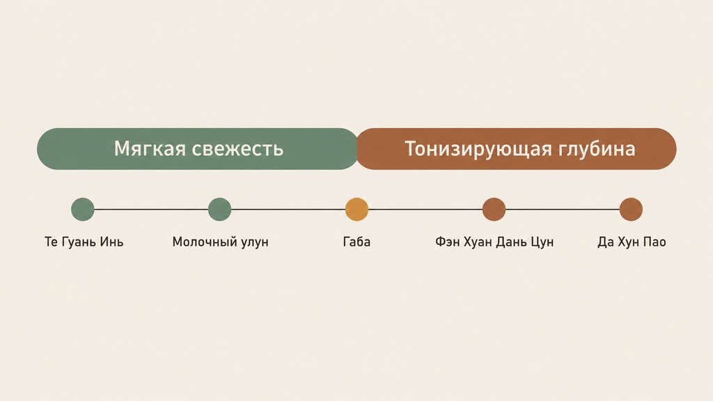 Горизонтальная шкала улунов от светлых к тёмным: Те Гуань Инь, молочный улун, Габа, Фэн Хуан Дань Цун, Да Хун Пао. Визуализирует переход от мягкого расслабления к выраженному бодрящему эффекту в зависимости от степени окисления и прожарки.
