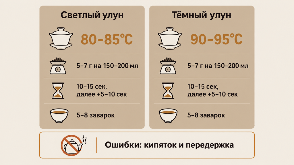 Схема заваривания улуна проливами для светлых и тёмных сортов: температура, пропорции, время и типичные ошибки