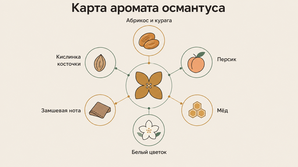 Карта аромата османтуса: радиальная схема нот абрикоса, кураги, персика, мёда, белого цветка, замши и кислинки косточки