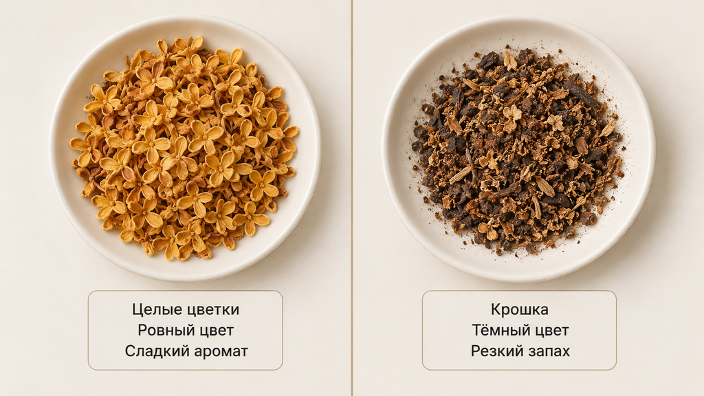 Сравнение качественного натурального османтуса с целыми золотистыми цветками и низкосортного сырья