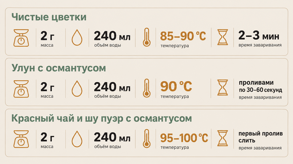 Параметры заваривания: температура, пропорции и время для чистых цветков и чайных купажей с османтусом