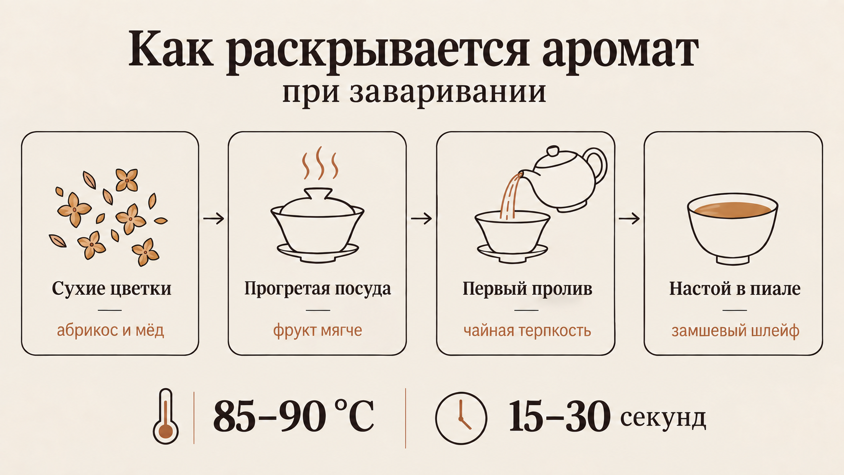 Схема заваривания османтуса: четыре стадии раскрытия аромата от сухих цветков до готового настоя. Показаны температура 85–90 °C, время пролива 15–30 секунд и изменение вкусовых нот от цветочных к абрикосовым.