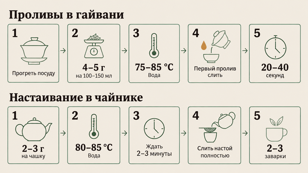 Схема заваривания чая Жемчужина Дракона двумя способами: проливами в гайвани и настаиванием в чайнике с указанием температуры, времени и пропорций