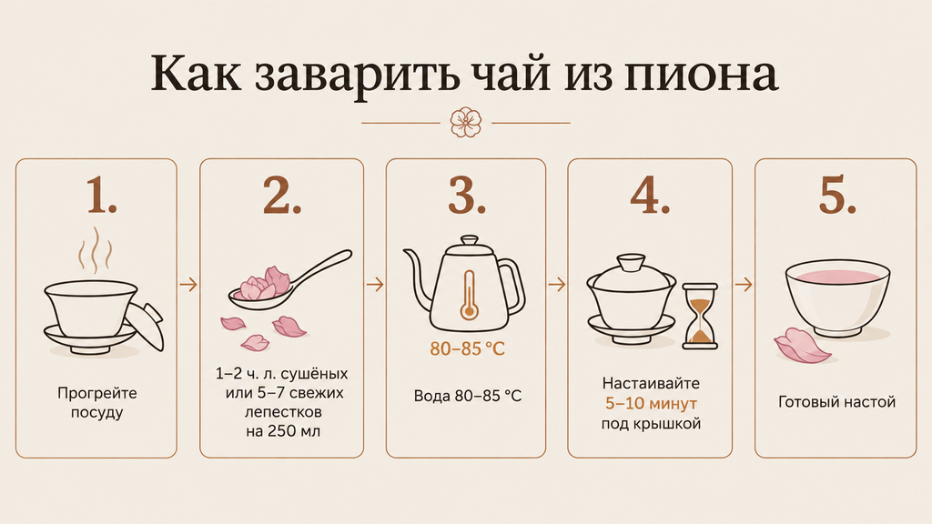 Пошаговая схема заваривания чая из лепестков пиона: от прогрева посуды до готового настоя