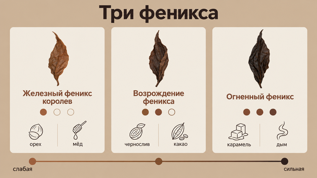 Три карточки улунов линейки Феникс с шкалой прожарки от слабой к сильной и вкусовыми маркерами; сильнее обжарка дает более плотный и огненный вкус
