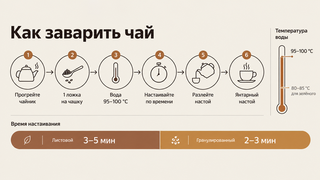 Пошаговая схема заваривания чая Пиала: визуальное руководство с временем настаивания 2–5 минут и температурой воды 95–100 °C.