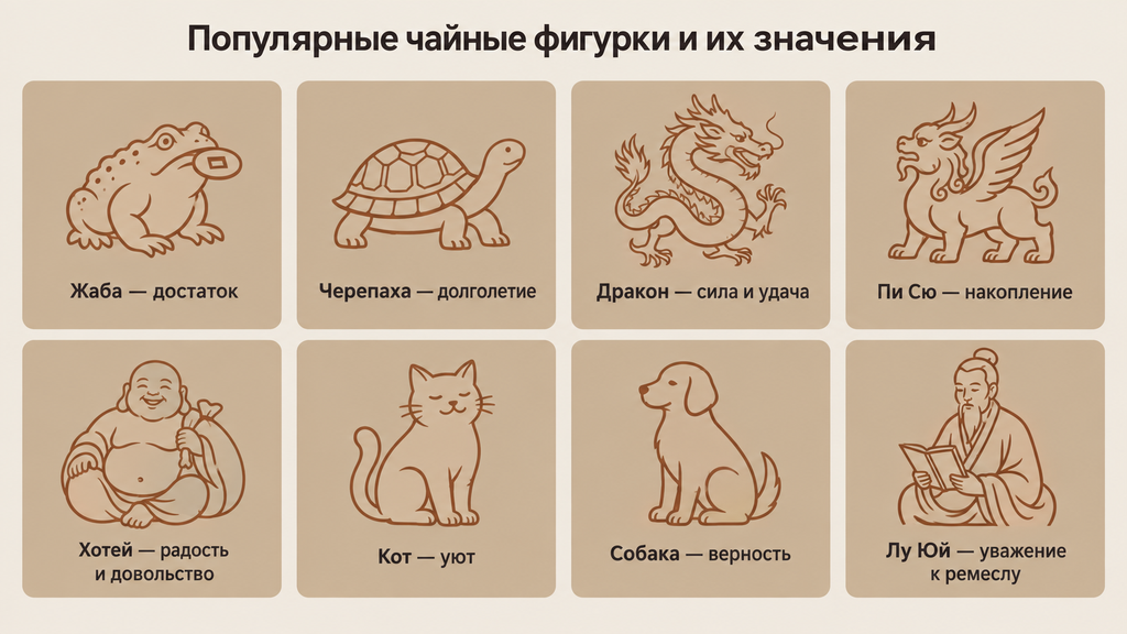 Сетка из восьми минималистичных символов чайных питомцев: жаба, черепаха, дракон, Пи Сю, Хотей, кот, собака и Лу Юй с подписями-пожеланиями в брендовых тонах
