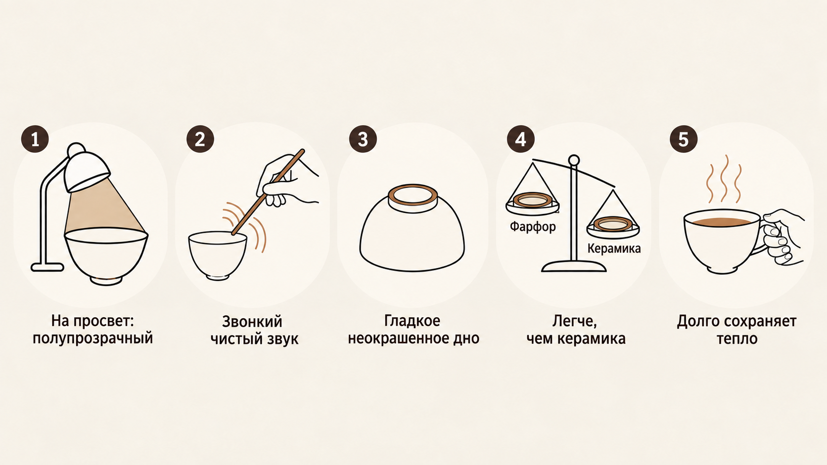 Схема с пятью домашними проверками для отличия фарфора от керамики и фаянса: наглядный чек-лист с пиктограммами для быстрого определения материала в магазине без приборов