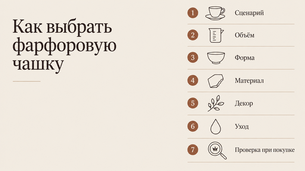 Чек-лист выбора фарфоровой чашки: семь пунктов с пиктограммами