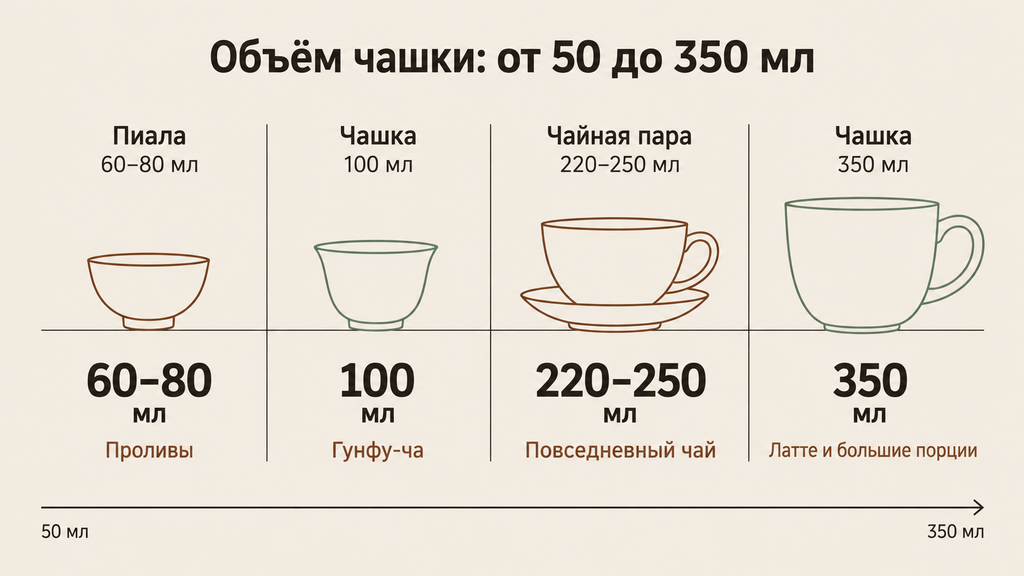 Шкала объёмов фарфоровых чашек от 50 до 350 мл с силуэтами, крупными цифрами и краткими подписями сценариев использования для чая и кофе