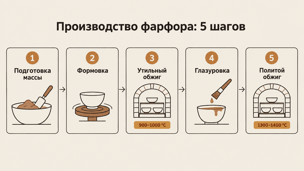 Схема производства фарфора в 5 этапов: подготовка массы, формовка, утильный обжиг, глазуровка и политой обжиг с температурными диапазонами