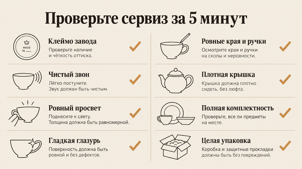 Чек-лист проверки качества фарфорового сервиза: восемь практических признаков идеального выбора