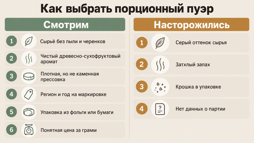Чек-лист выбора качественного порционного пуэра: 6 признаков хорошего чая и 4 повода отказаться от покупки