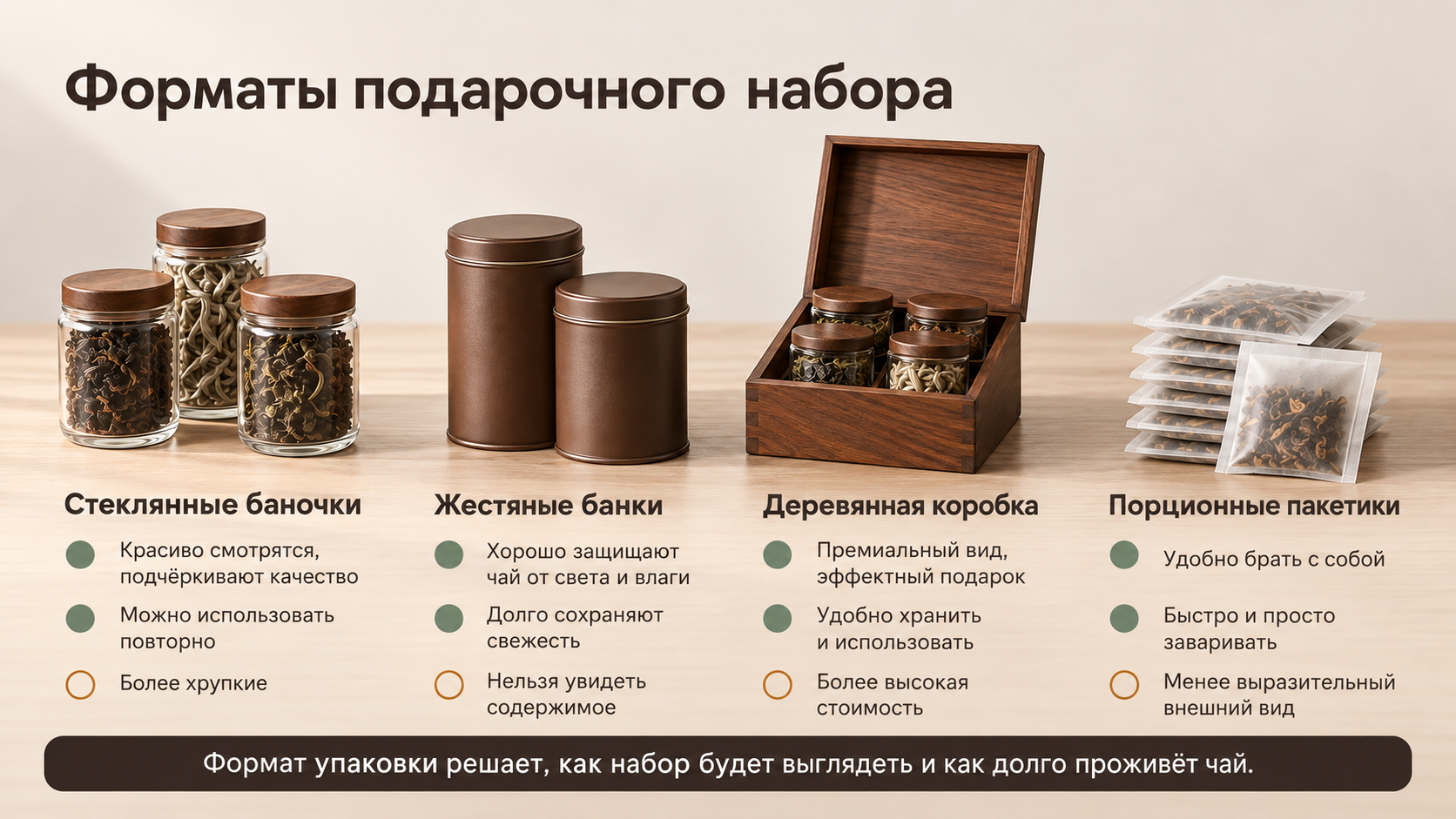 Сравнение форматов упаковки элитного подарочного чая: стеклянные и жестяные банки, деревянная коробка и порционные миниатюры с указанием преимуществ и ограничений