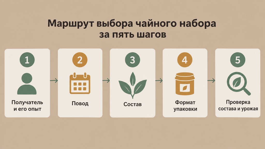 Пошаговая инфографика выбора подарочного набора элитного чая по пяти ключевым критериям