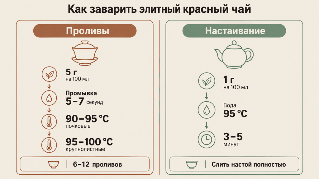 Инфографика с двумя способами заваривания элитного красного чая: гунфу-проливы в гайвани и настаивание в чайнике с параметрами температуры и времени