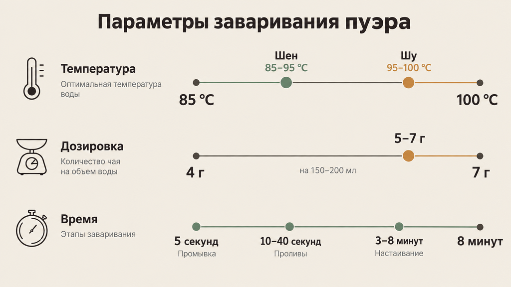 Шкала параметров заваривания пуэра: температура, вес и время. Три горизонтальные шкалы с крупными цифрами на фоне тёплого фарфора для быстрого ориентира перед чаепитием.
