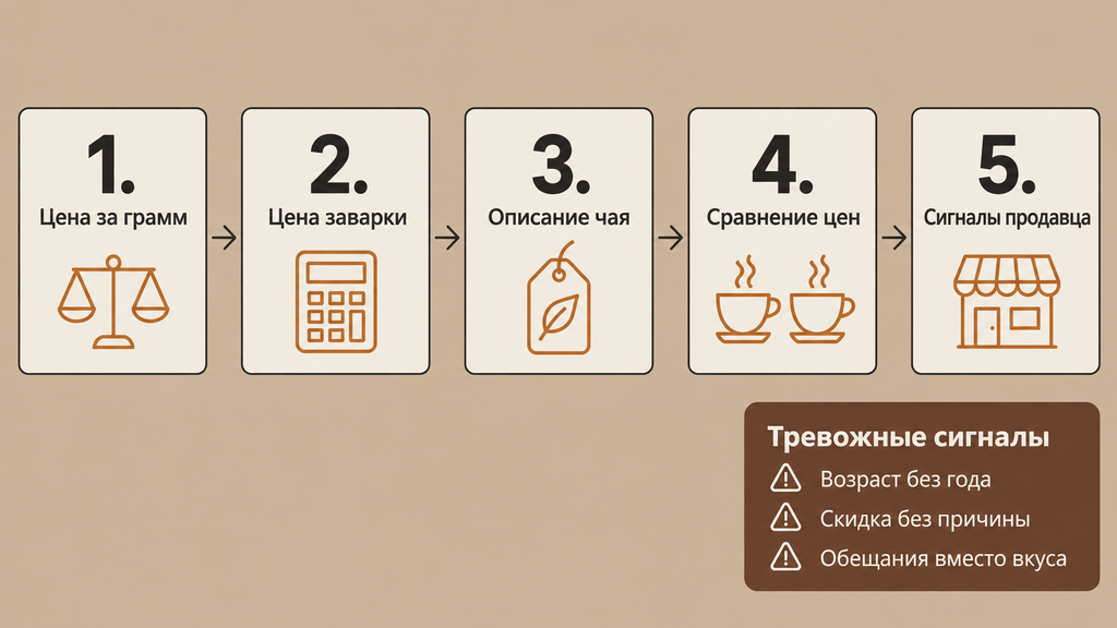 Чек-лист из пяти шагов для проверки цены пуэра: от расчёта за грамм до оценки сигналов продавца