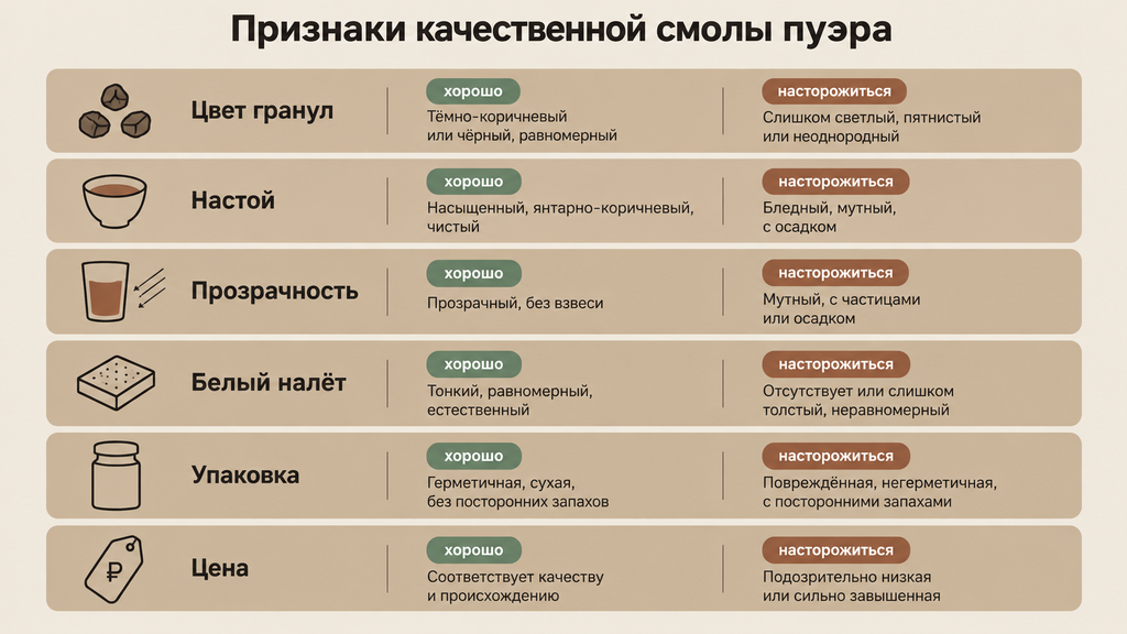 Чек-лист шести признаков качественной смолы пуэра с пиктограммами и рекомендациями по выбору