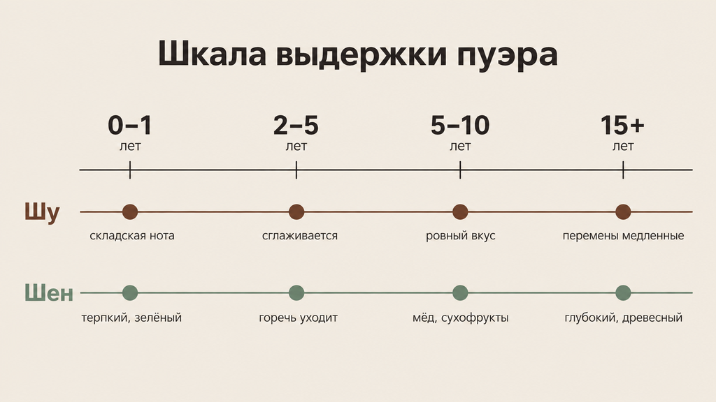 Горизонтальная шкала выдержки пуэра по годам с параллельными линиями для шу и шен, отображающая динамику вкусовых изменений от свежего до старого чая