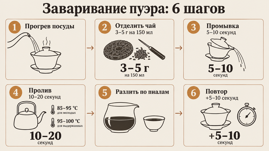 Пошаговая схема заваривания пуэра проливами: шесть шагов к сбалансированному настою