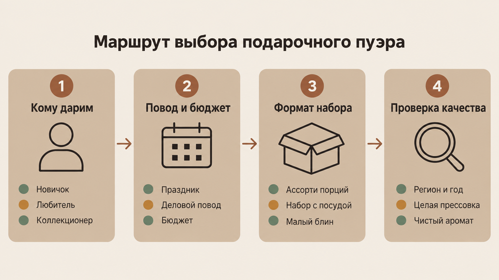Схема маршрута выбора подарочного пуэра: четыре шага от получателя и бюджета до проверки качества чая
