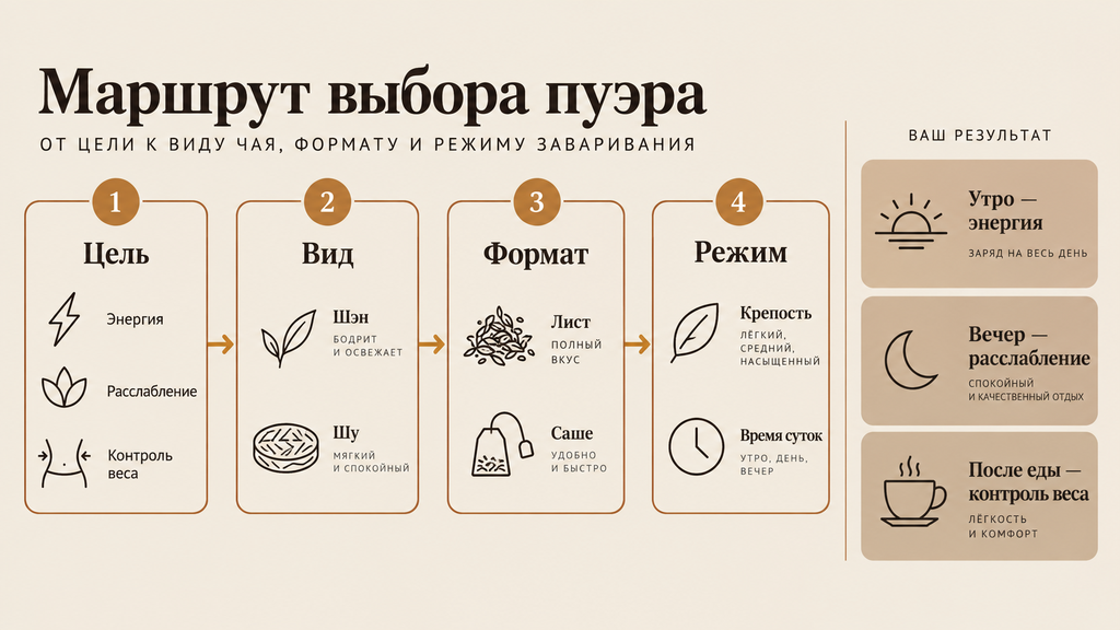 Маршрут выбора пуэра: от цели к виду чая, формату и режиму заваривания с рекомендациями для утра, вечера и после еды