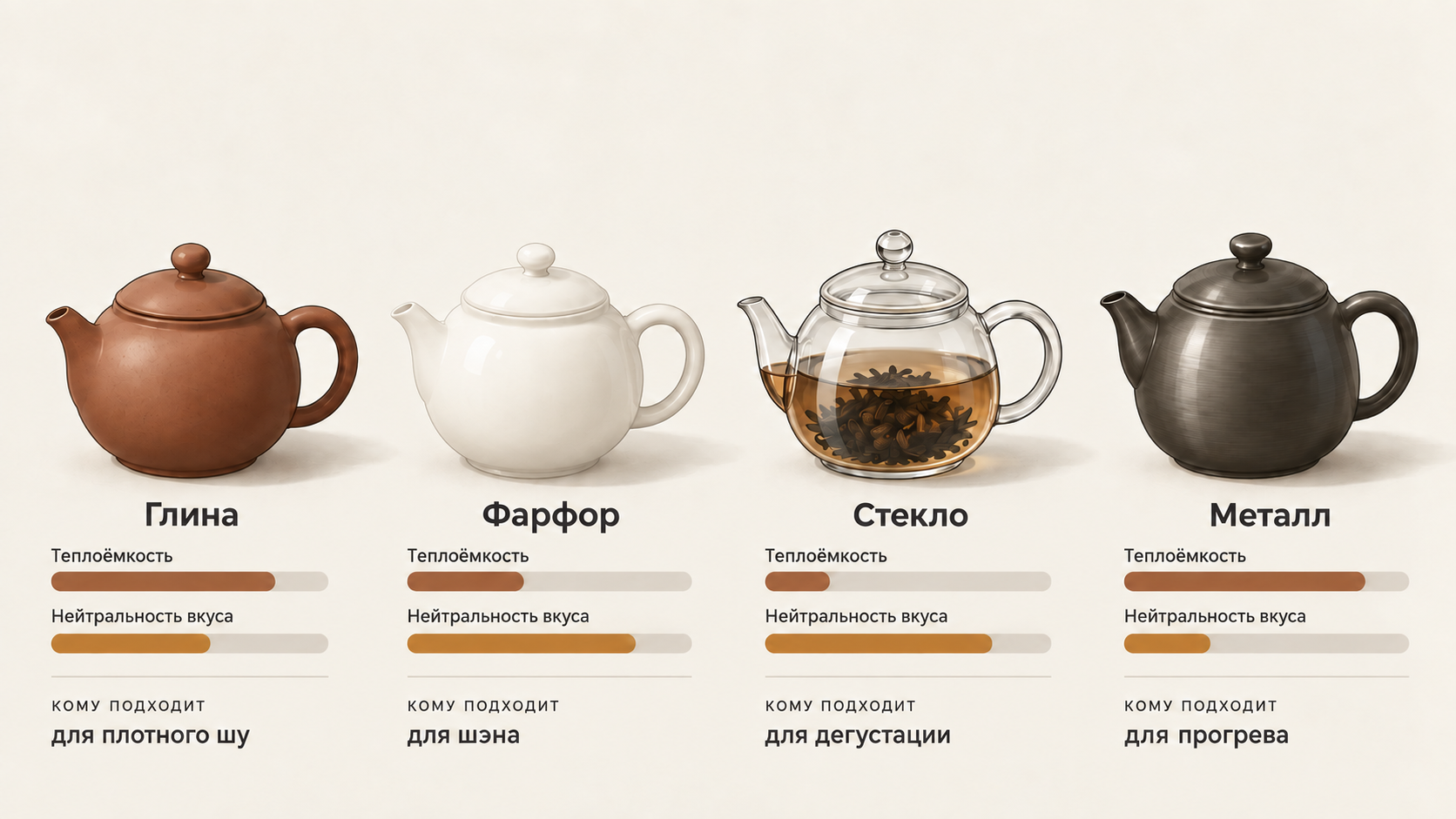 Сравнение материалов чайников для пуэра: глина, фарфор, стекло и металл. Как материал влияет на температуру заваривания и вкус чая.