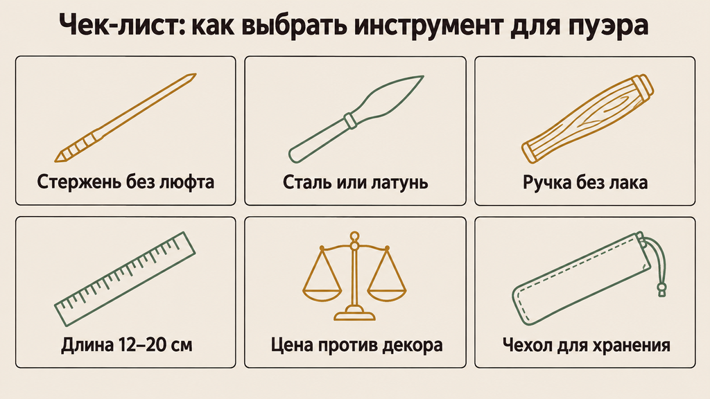 Чек-лист выбора пуэрного ножа или шила: стержень без люфта, металл, ручка без лака, длина, чехол, цена против декора. Светлая подложка, крупная типографика, без ценников и скидок.