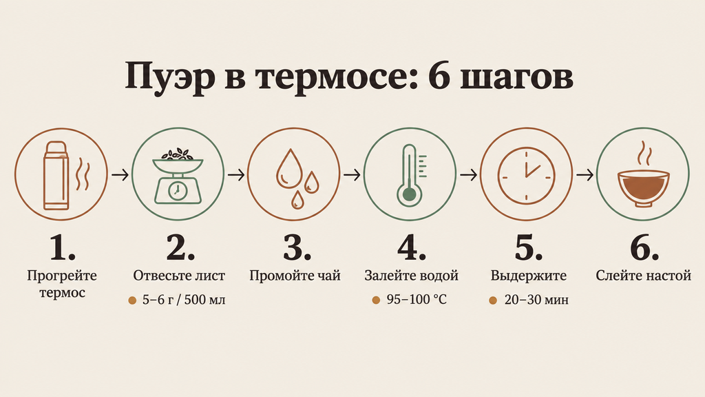 Инструкция по завариванию пуэра в термосе: шесть последовательных этапов с указанием дозы, температуры воды и времени выдержки