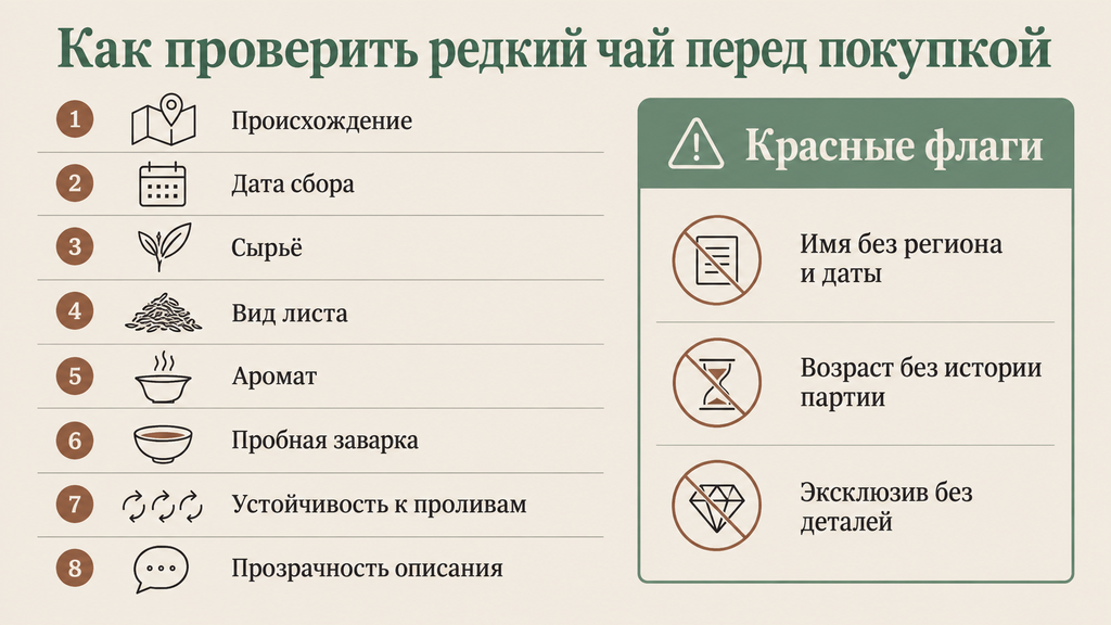 Вертикальный чек-лист для проверки редкого чая перед покупкой: восемь пунктов от происхождения до проливов и три красных флага на фоне тёплого фарфора с зелёными акцентами