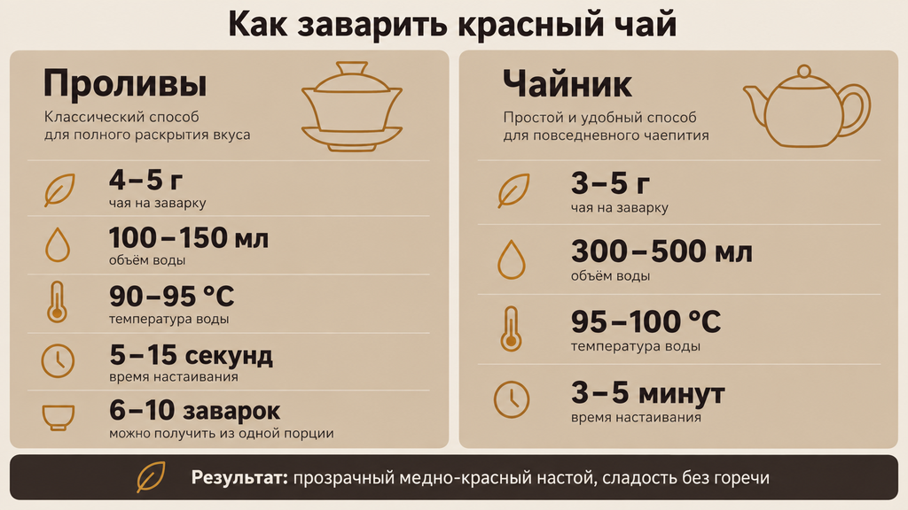 Инструкция по завариванию красного чая двумя способами: проливы в гайване и настаивание в чайнике с параметрами воды, температуры, времени и описанием результата — прозрачный медно-красный настой без горечи.